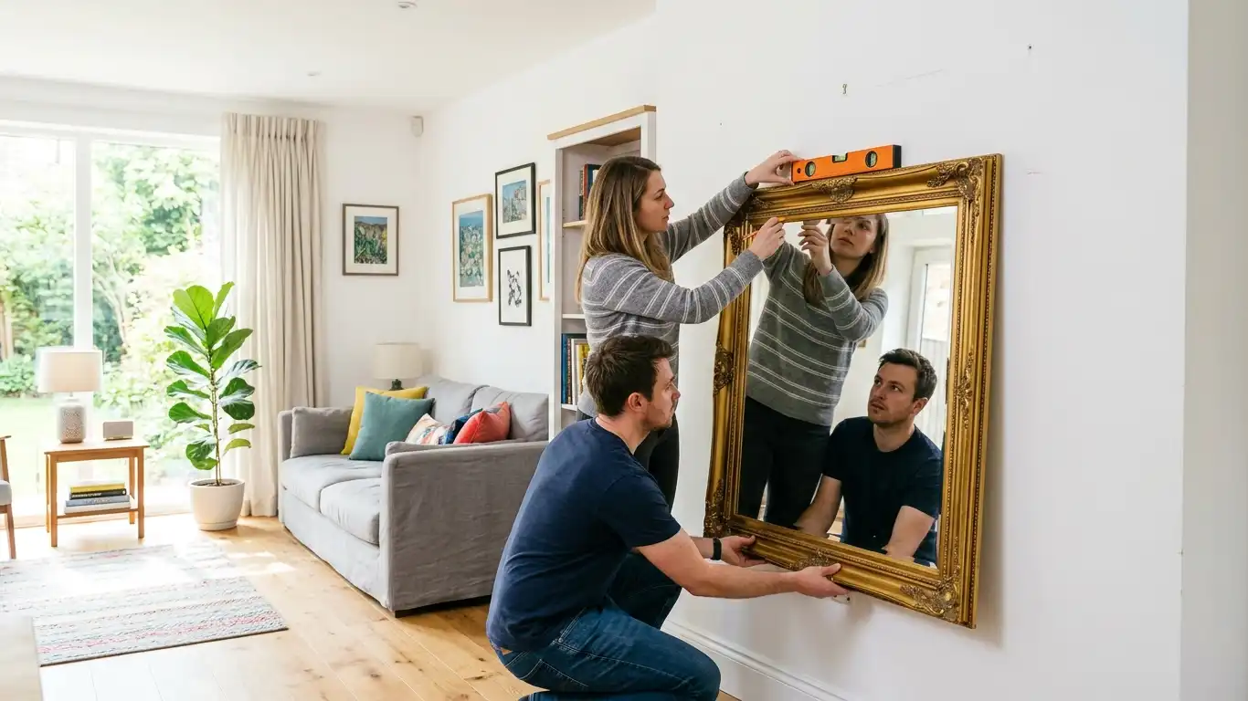 Two people hanging a large framed mirror