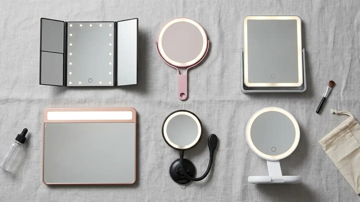 6 different travel makeup mirrors with LED lights