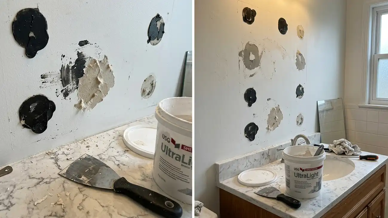 A bathroom wall in mid-repair