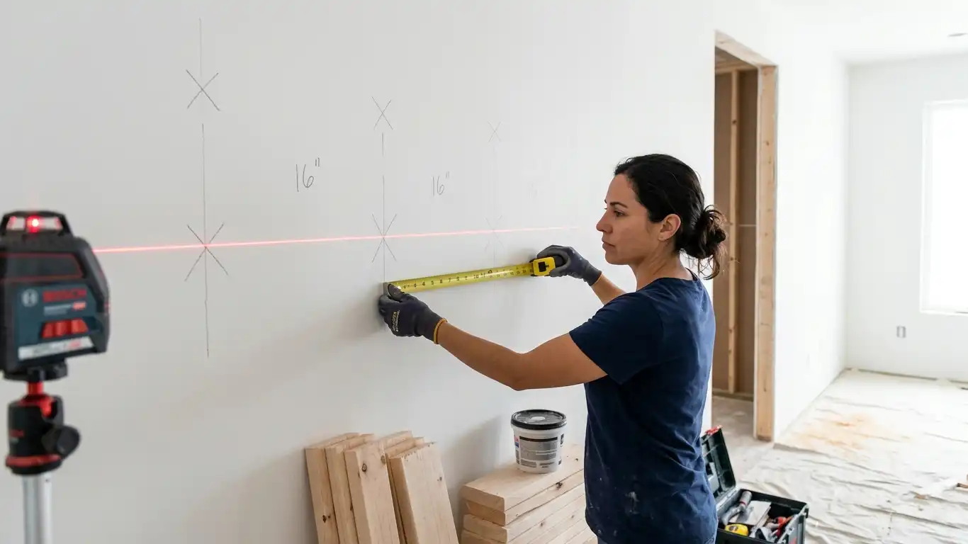 A person measuring a white interior wall