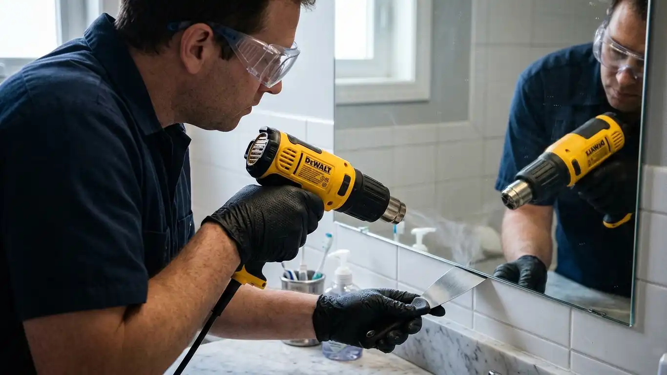 A person's gloved hand holding a heat gun