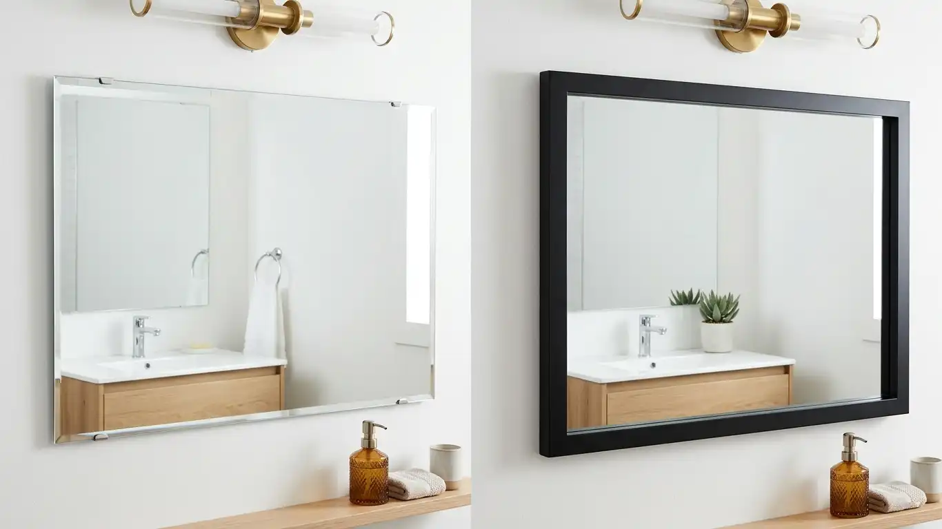 a frameless glass wall mirror and a framed bathroom mirror