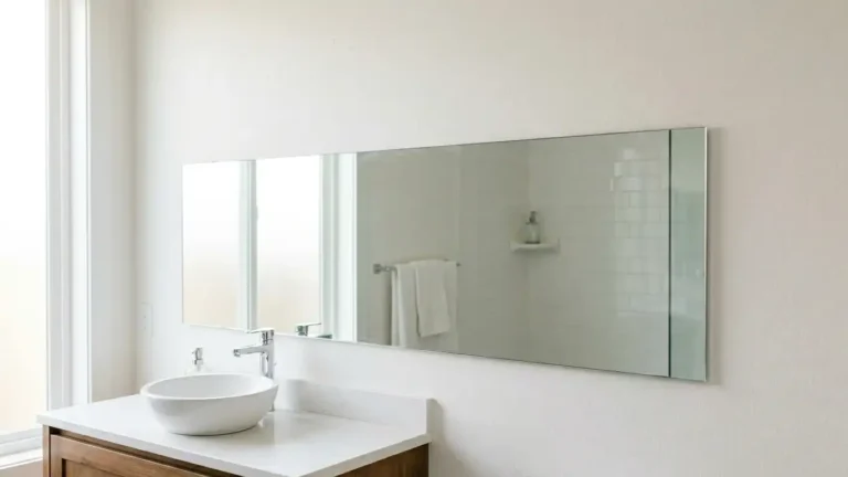 a large rectangular frameless bathroom mirror