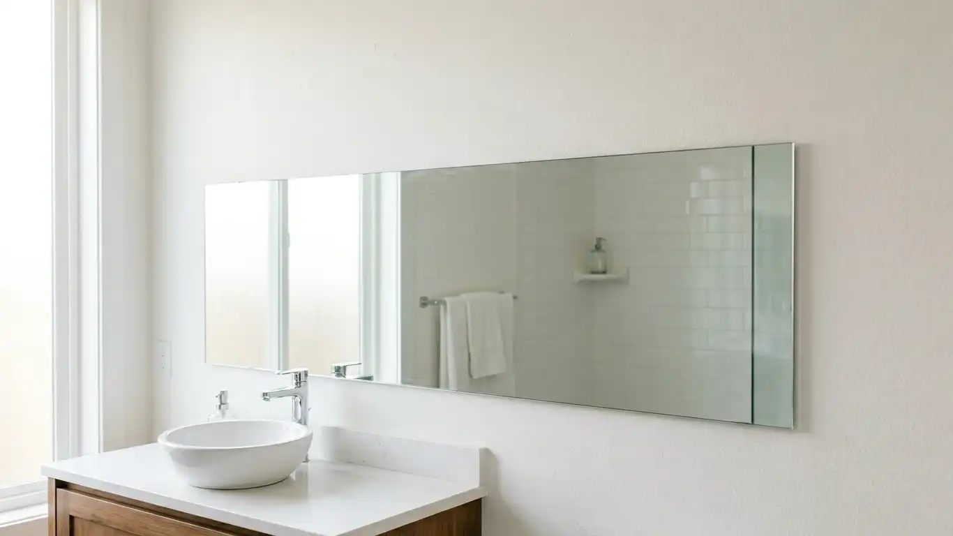 a large rectangular frameless bathroom mirror