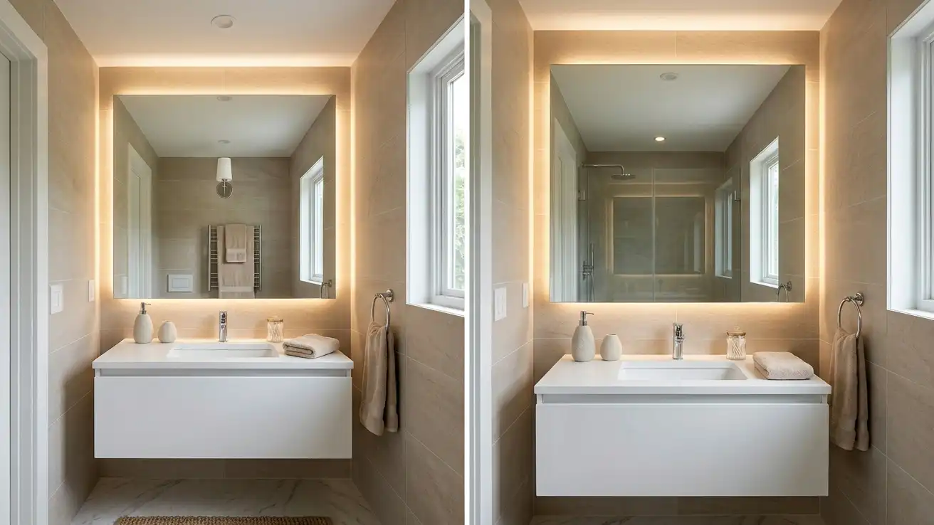 a near-full-wall frameless LED mirror