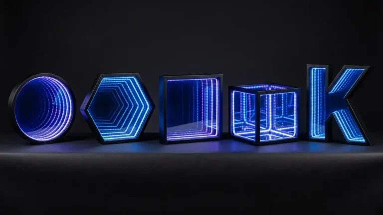 five LED infinity mirrors in different shapes