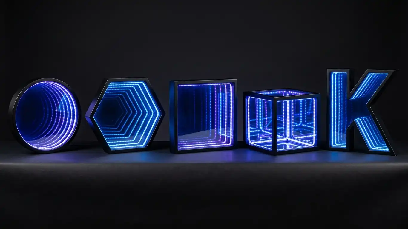 five LED infinity mirrors in different shapes