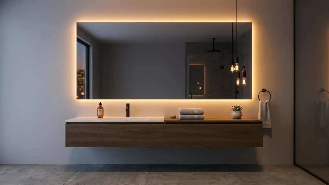 large wall mirror with warm LED backlight