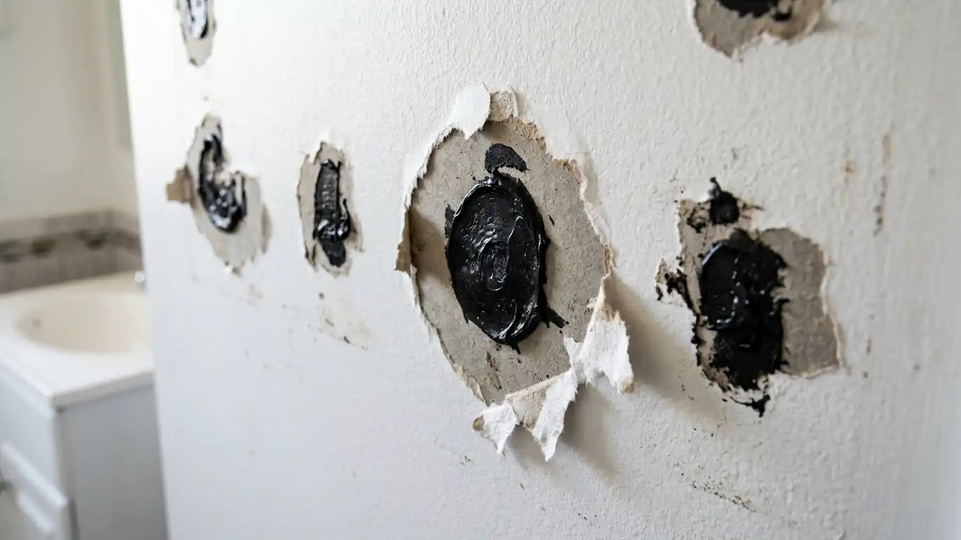 several irregular blobs of black mirror mastic adhesive stuck