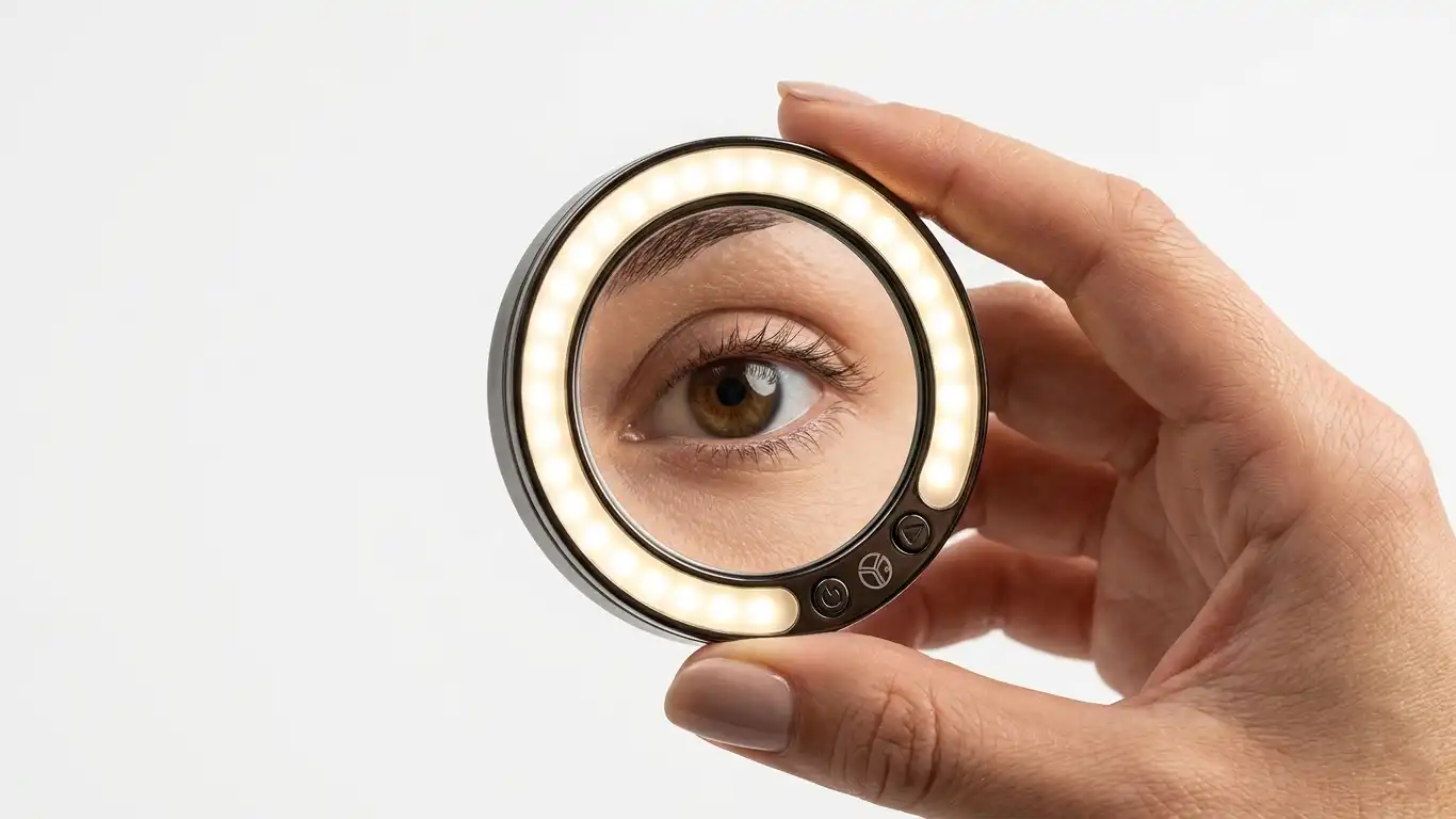 small round compact travel mirror with LED ring lights