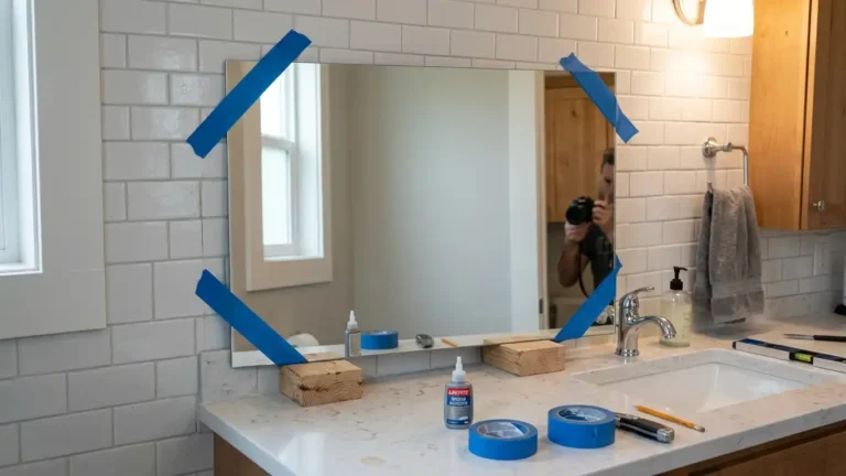 mirror held against a bathroom tile wall