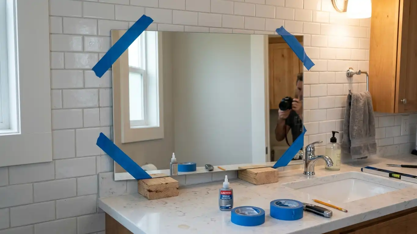 mirror held against a bathroom tile wall