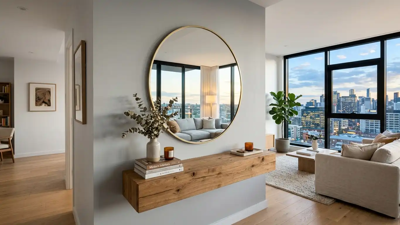 modern living room mount a large round framed mirror