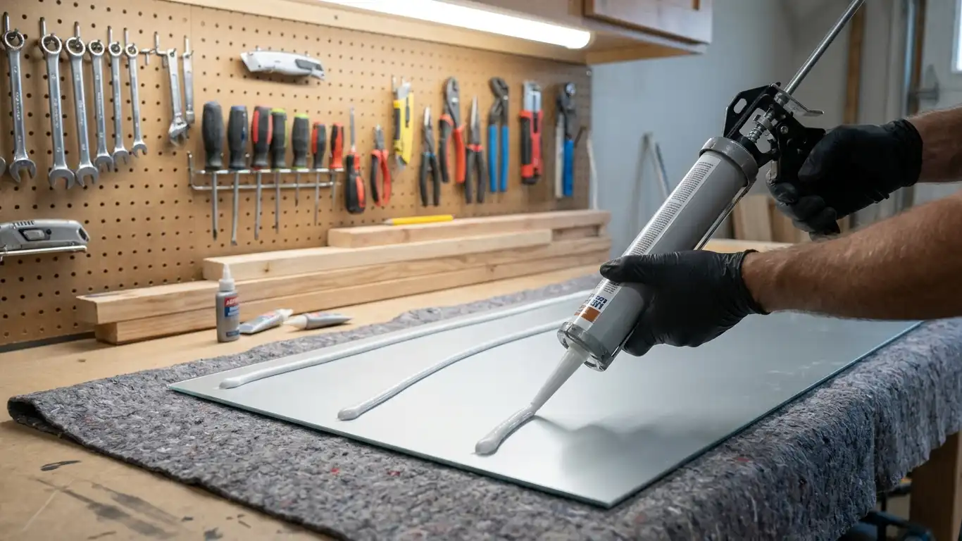 using a caulking gun to apply white adhesive