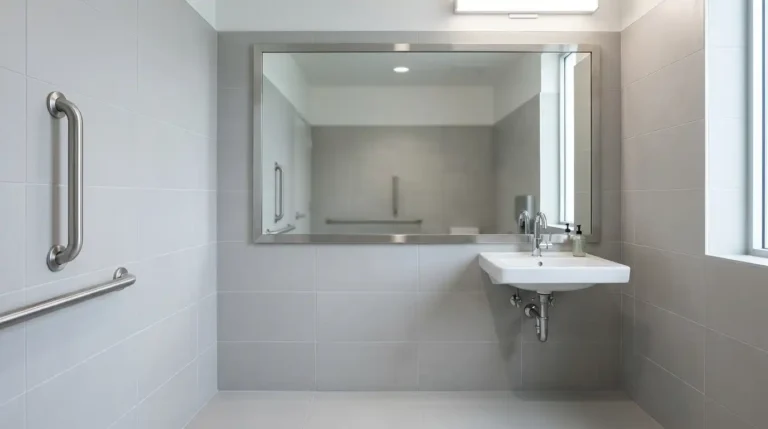 ADA compliant mirror mounted above an accessible commercial restroom lavatory
