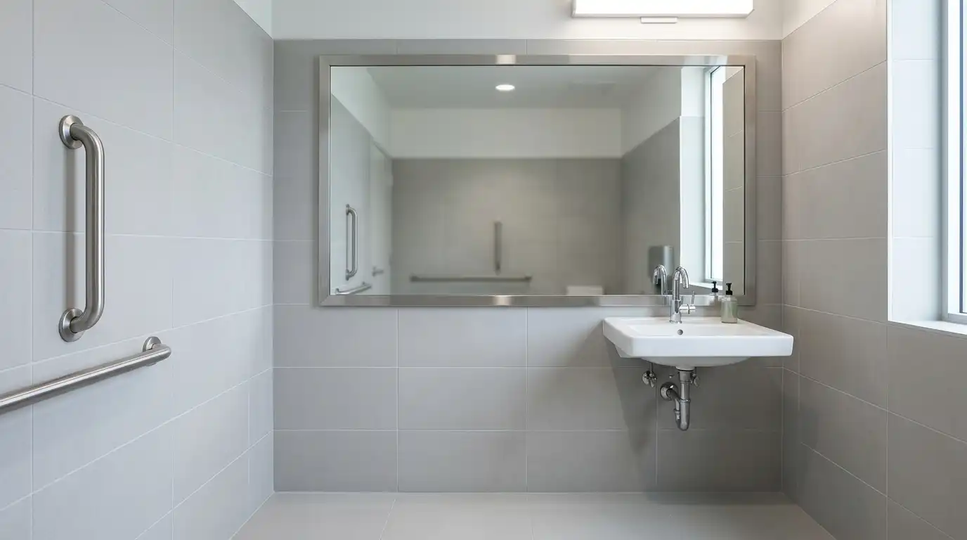 ADA compliant mirror mounted above an accessible commercial restroom lavatory