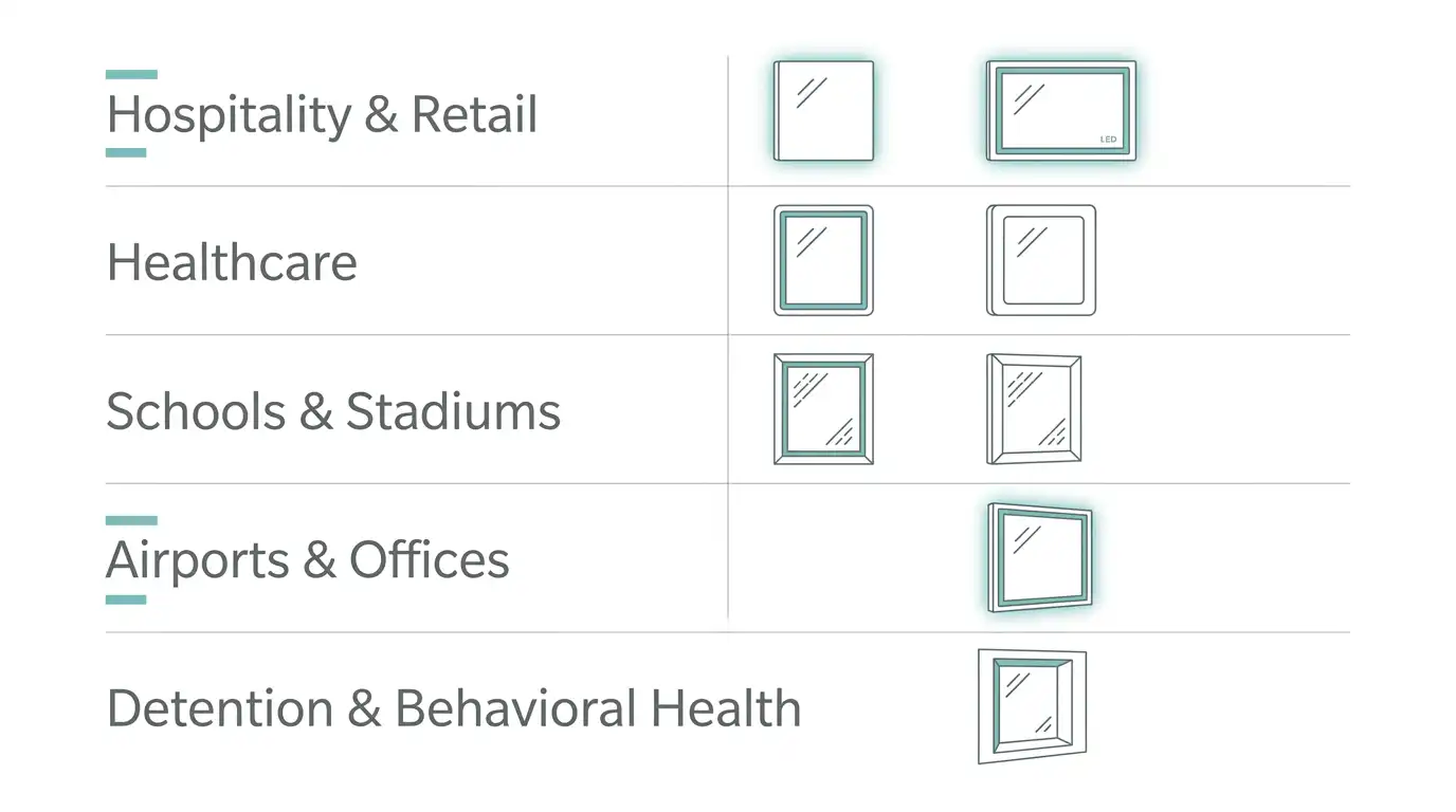 Chart matching mirror frame types to five commercial facility categories