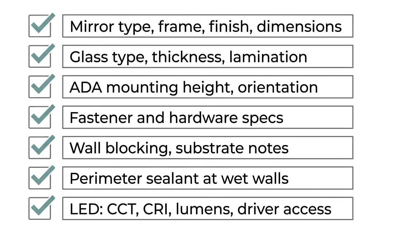 Checklist graphic listing Division 10 mirror submittal requirements