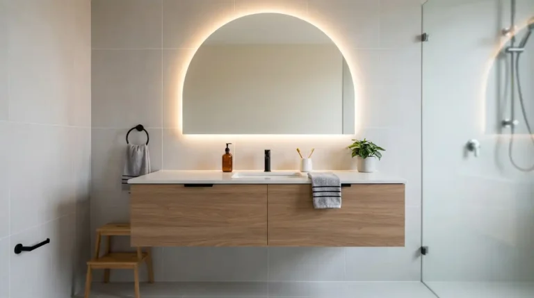 Floating vanity paired with an arched LED mirror in a model bathroom