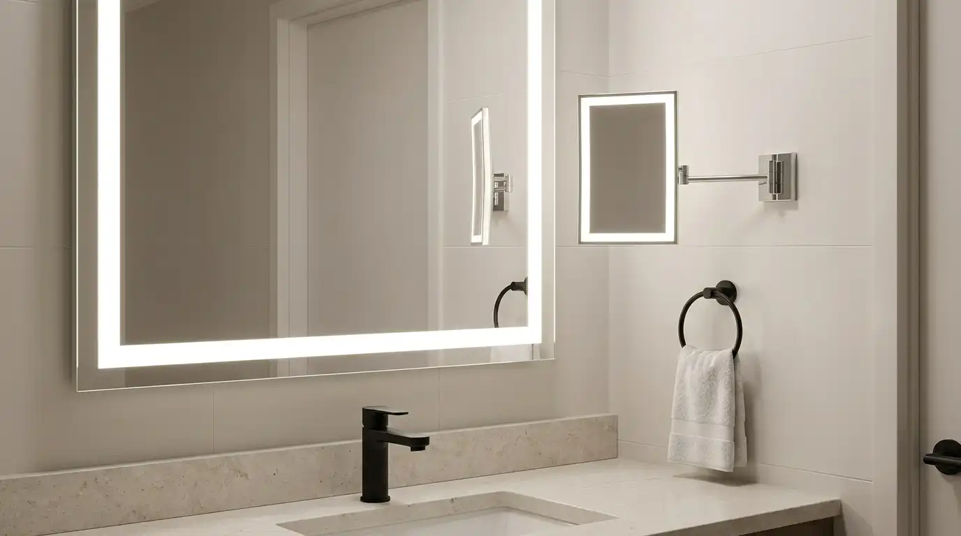 Wall-mounted LED makeup mirror with extendable arm installed beside the vanity mirror in a hotel guest bathroom