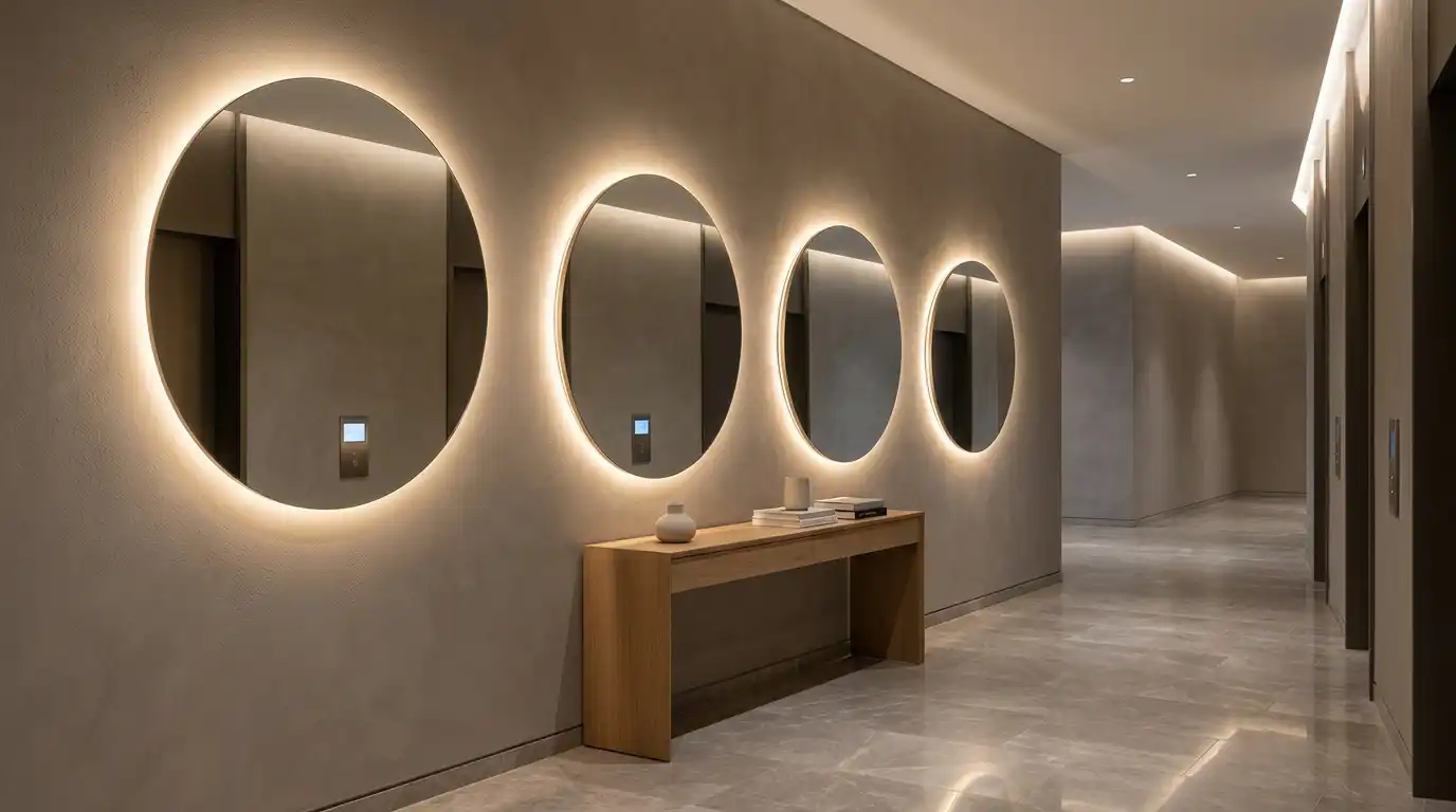 Round LED mirrors in a hotel lift lobby