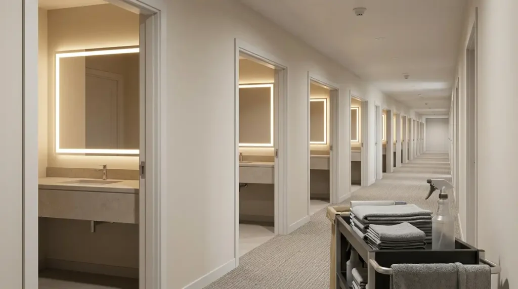Row of hotel vanities with LED mirrors