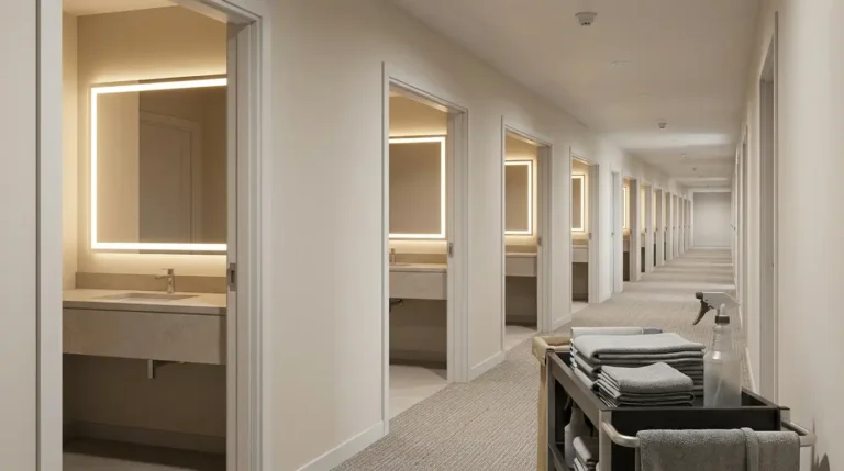 Row of hotel vanities with LED mirrors