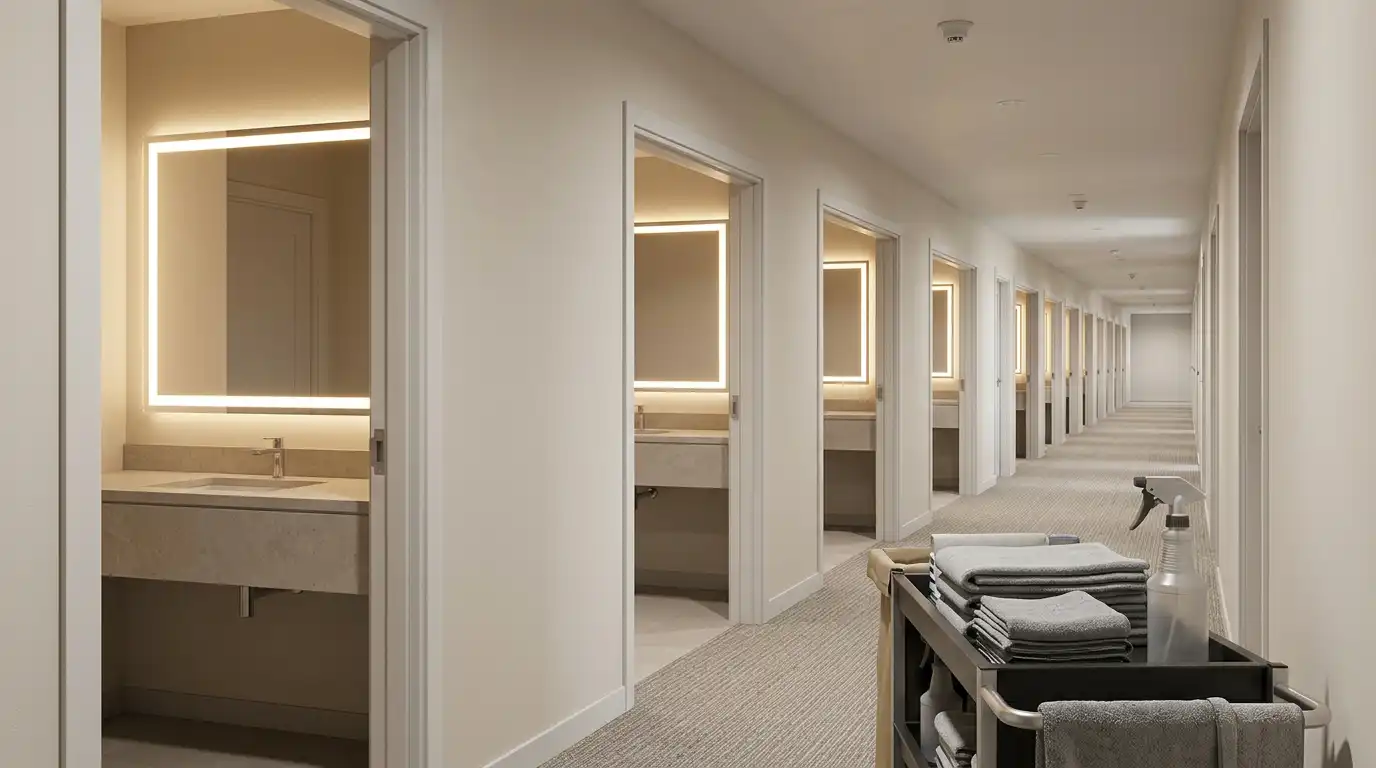 Row of hotel vanities with LED mirrors