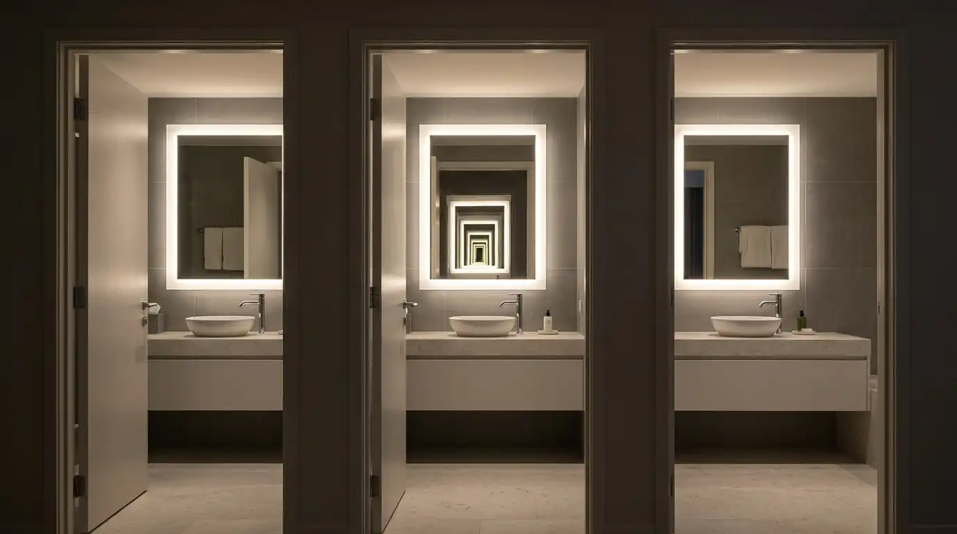Row of front-lit LED mirrors in hotel bathrooms