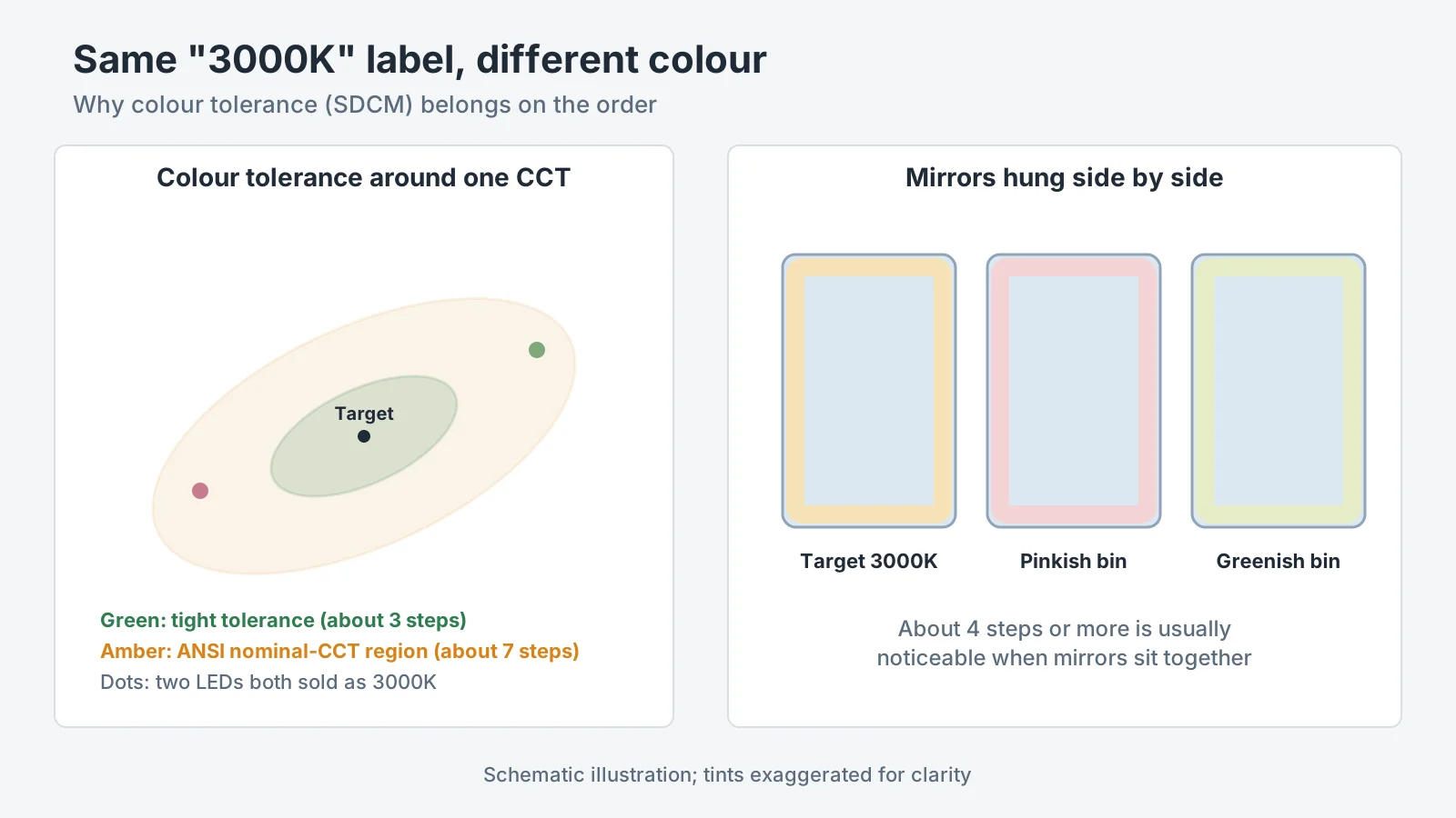 Same 3000K label, different colour bins