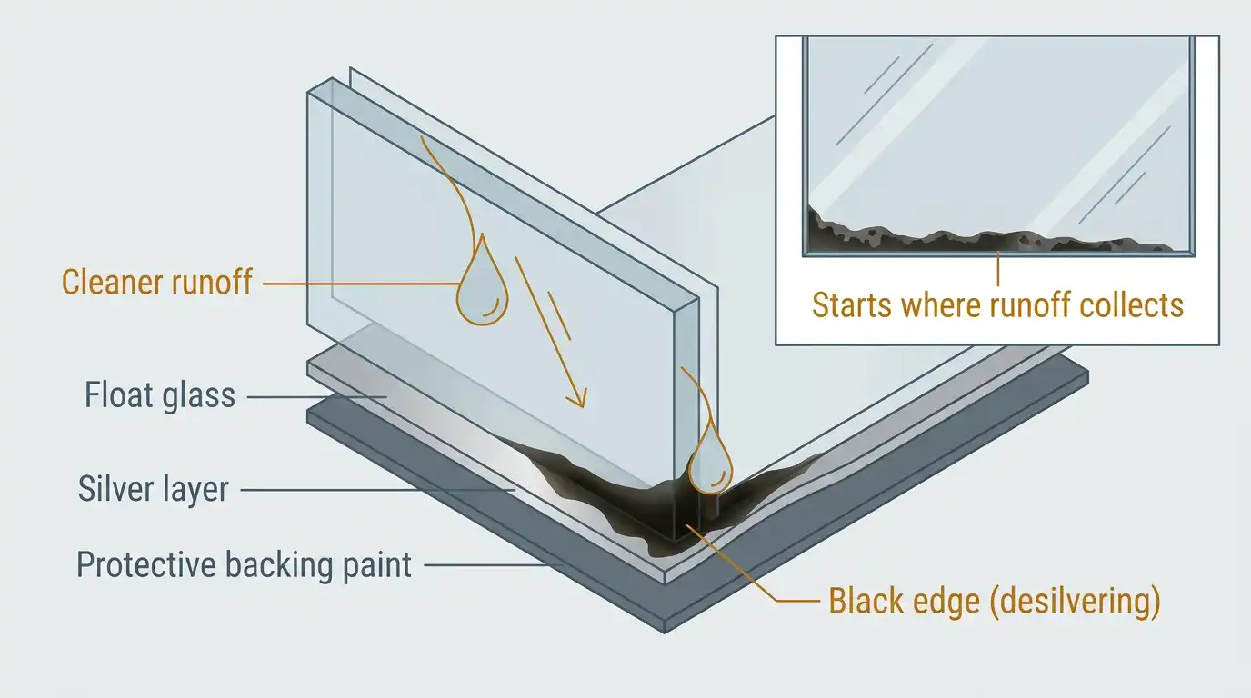 Cross-section of mirror edge showing desilvering